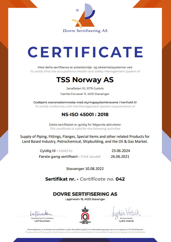 Quality Certification Certificates TSS Norway